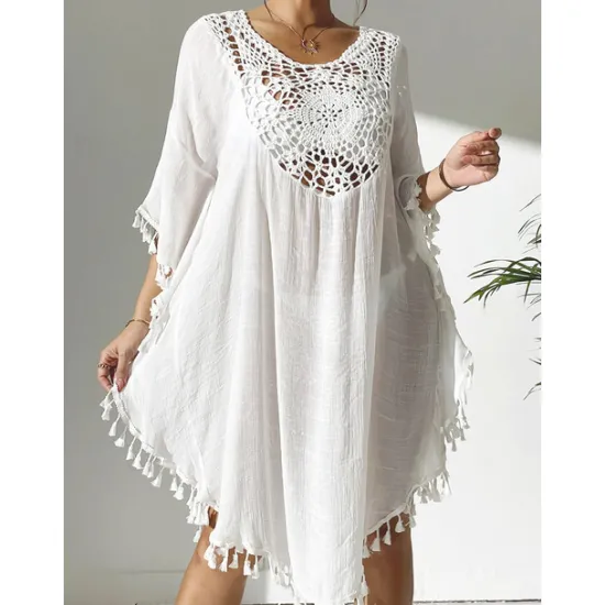 New Women's Swimwear Cover Up Beach Dresses Swimsuit Vacation Beach Wear Solid Color Round Neck Short Sleeves Women Cover Up
