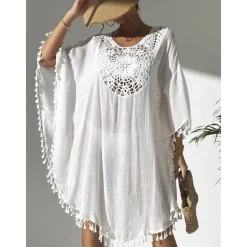 New Women's Swimwear Cover Up Beach Dresses Swimsuit Vacation Beach Wear Solid Color Round Neck Short Sleeves Women Cover Up
