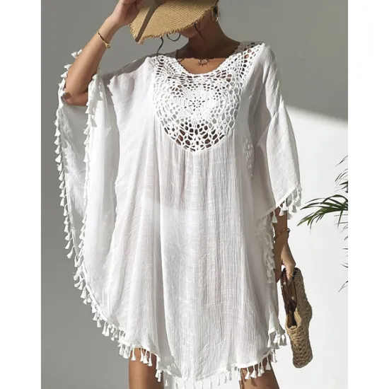 New Women's Swimwear Cover Up Beach Dresses Swimsuit Vacation Beach Wear Solid Color Round Neck Short Sleeves Women Cover Up