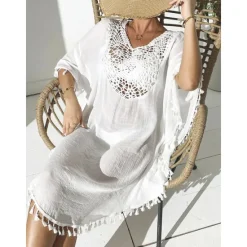 New Women's Swimwear Cover Up Beach Dresses Swimsuit Vacation Beach Wear Solid Color Round Neck Short Sleeves Women Cover Up