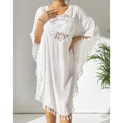 New Women's Swimwear Cover Up Beach Dresses Swimsuit Vacation Beach Wear Solid Color Round Neck Short Sleeves Women Cover Up