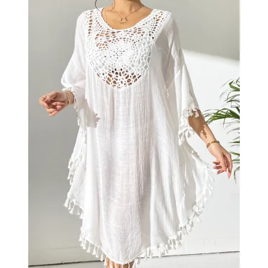 New Women's Swimwear Cover Up Beach Dresses Swimsuit Vacation Beach Wear Solid Color Round Neck Short Sleeves Women Cover Up