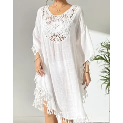 New Women's Swimwear Cover Up Beach Dresses Swimsuit Vacation Beach Wear Solid Color Round Neck Short Sleeves Women Cover Up