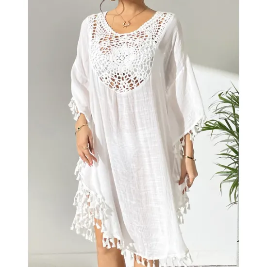 New Women's Swimwear Cover Up Beach Dresses Swimsuit Vacation Beach Wear Solid Color Round Neck Short Sleeves Women Cover Up