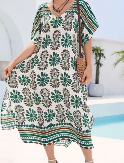 Women's Swimwear Cover Up Swimsuit UV Protection Vacation Beach Wear Graphic V Neck Short Sleeves Bathing Suits Women Cover Up