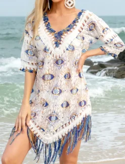 Clearance Women's Swimwear Cover Up Beach Dresses Swimsuit Knitted Fringe Vacation Beach Wear Graphic V Neck Short Sleeves Women Cover Up