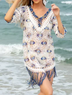 Clearance Women's Swimwear Cover Up Beach Dresses Swimsuit Knitted Fringe Vacation Beach Wear Graphic V Neck Short Sleeves Women Cover Up