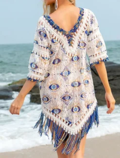 Clearance Women's Swimwear Cover Up Beach Dresses Swimsuit Knitted Fringe Vacation Beach Wear Graphic V Neck Short Sleeves Women Cover Up