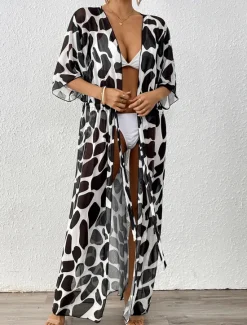 Sale Women's Swimwear Cover Up Swim Dress Swimsuit Tie Front Vacation Beach Wear Graphic Short Sleeves Bathing Suits Women Leopard Swimwear|Cover Up