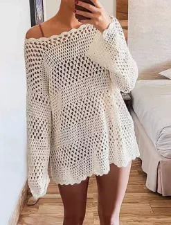 Discount Women's Swimwear Cover Up Beach Dresses Swimsuit Cut Out Vacation Beach Wear Plain Long Sleeve Women Cover Up