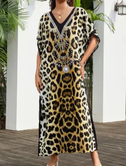 New Women's Swimwear Cover Up Swimsuit UV Protection Vacation Beach Wear Graphic Leopard Round Neck Short Sleeves Bathing Suits Women Leopard Swimwear|Cover Up
