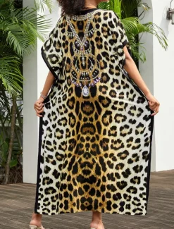 New Women's Swimwear Cover Up Swimsuit UV Protection Vacation Beach Wear Graphic Leopard Round Neck Short Sleeves Bathing Suits Women Leopard Swimwear|Cover Up