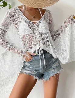 Sale Women's Swimwear Cover Up Swim Dress Swimsuit Cut Out Vacation Beach Wear Solid Color V Neck Long Sleeve Bathing Suits Women Cover Up