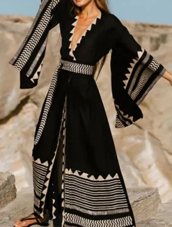 Clearance Women's Swimwear Cover Up Beach Dresses Swimsuit Vacation Beach Wear Geometric V Neck Long Sleeve Women Cover Up|Spring Swimwear