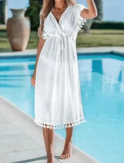 Best Women's Swimwear Cover Up Beach Dresses Swimsuit Fringe Vacation Beach Wear Solid Color V Neck Long Sleeve Women Cover Up