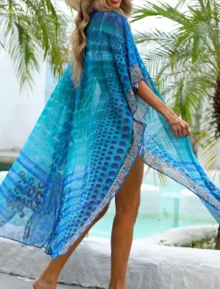 Best Women's Swimwear Cover Up Swimsuit Vacation Beach Wear Graphic V Neck Long Sleeve Bathing Suits Women Cover Up