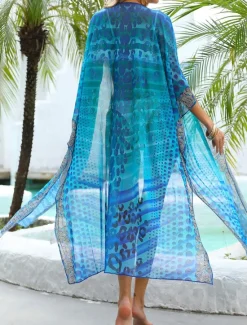 Best Women's Swimwear Cover Up Swimsuit Vacation Beach Wear Graphic V Neck Long Sleeve Bathing Suits Women Cover Up