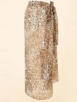 New Women's Swimwear Cover Up Swim Dress Swimsuit Vacation Beach Wear Leopard Striped Long Sleeve Bathing Suits Women Leopard Swimwear|Cover Up