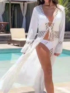 Hot Women's Swimwear Cover Up Beach Dresses Swimsuit Lace Patchwork Vacation Beach Wear Solid Color Long Sleeve Women Cover Up