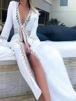Hot Women's Swimwear Cover Up Beach Dresses Swimsuit Lace Patchwork Vacation Beach Wear Solid Color Long Sleeve Women Cover Up