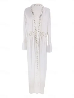 Hot Women's Swimwear Cover Up Beach Dresses Swimsuit Lace Patchwork Vacation Beach Wear Solid Color Long Sleeve Women Cover Up