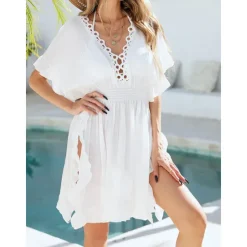 Online Women's Swimwear Cover Up Beach Dresses Swimsuit Tummy Control High Waist Slim Vacation Beach Wear Solid Color V Neck Short Sleeves Women Cover Up