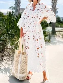 Women's Swimwear Cover Up Beach Dresses Swimsuit Lace Cut Out Vacation Beach Wear Plain Long Sleeve Women Cover Up