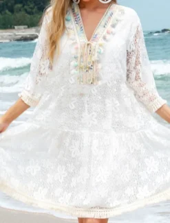 New Women's Swimwear Cover Up Beach Dresses Swimsuit Lace Cut Out Vacation Beach Wear Plain Long Sleeve Women Cover Up