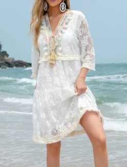 New Women's Swimwear Cover Up Beach Dresses Swimsuit Lace Cut Out Vacation Beach Wear Plain Long Sleeve Women Cover Up