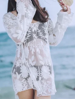 Discount Women's Swimwear Cover Up Beach Dresses Swimsuit Cut Out Vacation Beach Wear Plain Long Sleeve Women Cover Up