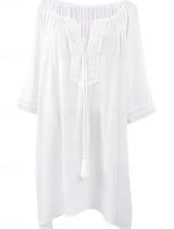 Sale Women's Swimwear Cover Up Beach Dresses Swimsuit Tie Front Vacation Beach Wear Solid Color V Neck Long Sleeve Women Cover Up