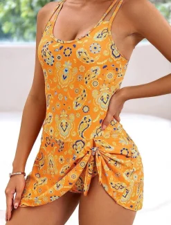 Women's Swimwear One Piece Swimdresses Swimsuit Backless Tummy Control High Waist Slim Vacation Beach Wear Floral U Neck Sleeveless Bathing Suits Women Swimdresses