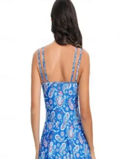Women's Swimwear One Piece Swimdresses Swimsuit Backless Tummy Control High Waist Slim Vacation Beach Wear Floral U Neck Sleeveless Bathing Suits Women Swimdresses