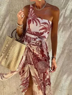 Outlet Women's Swimwear One Piece 2 Piece Swimsuit Backless Tummy Control High Waist Slim Vacation Beach Wear Floral Strapless Sleeveless Bathing Suits Women One-Pieces