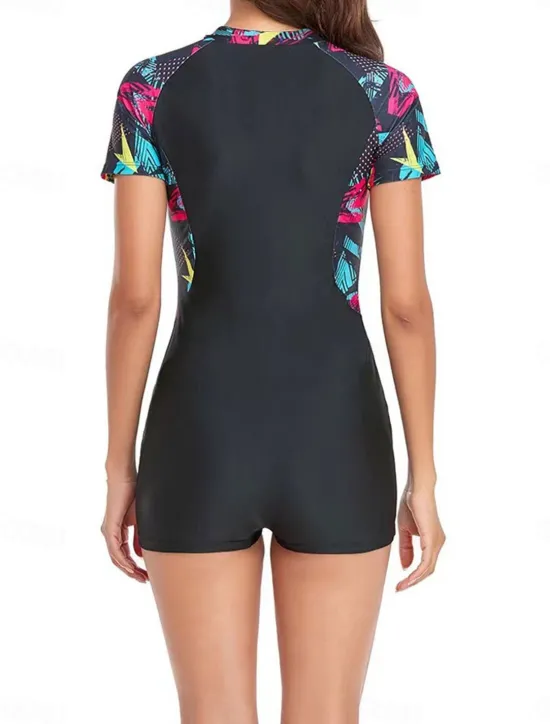 Hot Women's Swimwear One Piece Swimsuit Zip Up Tummy Control High Waist Slim Vacation Beach Wear Graphic Round Neck Short Sleeves Bathing Suits Women One-Pieces