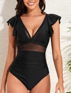 Best Women's Swimwear One Piece Monokini Swimsuit Mesh Backless Tummy Control High Waist Slim Vacation Beach Wear Solid Color V Neck Sleeveless Bathing Suits Women One-Pieces