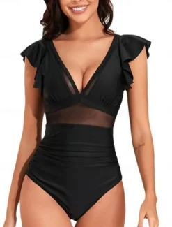 Best Women's Swimwear One Piece Monokini Swimsuit Mesh Backless Tummy Control High Waist Slim Vacation Beach Wear Solid Color V Neck Sleeveless Bathing Suits Women One-Pieces