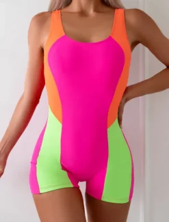 Online Women's Swimwear One Piece Swimsuit Backless Tummy Control High Waist Slim Vacation Beach Wear Color Block U Neck Sleeveless Bathing Suits Women One-Pieces|Colorful Swimwear