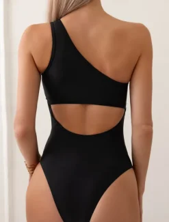 Discount Women's Swimwear One Piece Monokini Swimsuit Mesh Backless Tummy Control High Waist Slim Vacation Beach Wear Solid Color Asymmetric Neck Sleeveless Bathing Suits Women One-Pieces
