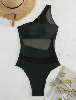 Discount Women's Swimwear One Piece Monokini Swimsuit Mesh Backless Tummy Control High Waist Slim Vacation Beach Wear Solid Color Asymmetric Neck Sleeveless Bathing Suits Women One-Pieces