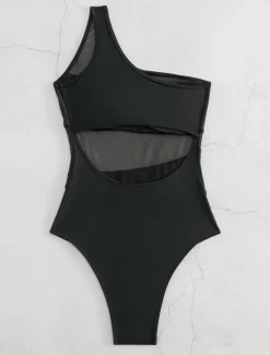 Discount Women's Swimwear One Piece Monokini Swimsuit Mesh Backless Tummy Control High Waist Slim Vacation Beach Wear Solid Color Asymmetric Neck Sleeveless Bathing Suits Women One-Pieces