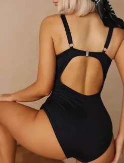 Sale Women's Swimwear One Piece Monokini Swimsuit Mesh Backless Tummy Control High Waist Slim Vacation Beach Wear Solid Color V Neck Sleeveless Bathing Suits Women One-Pieces