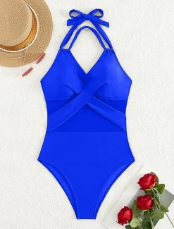 Outlet Women's Swimwear One Piece Monokini Swimsuit Mesh Backless Tummy Control High Waist Slim Vacation Beach Wear Solid Color Halter Neck Sleeveless Bathing Suits Women One-Pieces