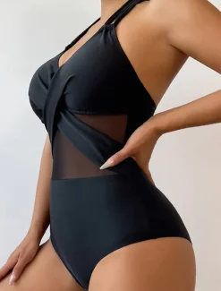 Outlet Women's Swimwear One Piece Monokini Swimsuit Mesh Backless Tummy Control High Waist Slim Vacation Beach Wear Solid Color Halter Neck Sleeveless Bathing Suits Women One-Pieces