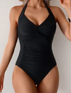 Clearance Women's Swimwear One Piece Monokini Swimsuit Backless Tummy Control High Waist Slim Vacation Beach Wear Solid Color Halter Neck Sleeveless Bathing Suits Women One-Pieces
