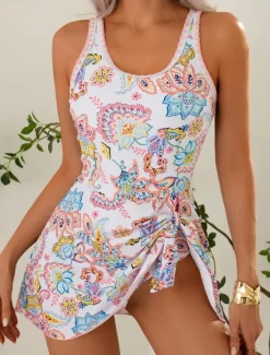 Outlet Women's Swimwear One Piece Swim Dress Swimsuit Backless Tummy Control High Waist Slim Vacation Beach Wear Floral U Neck Sleeveless Bathing Suits Women One-Pieces