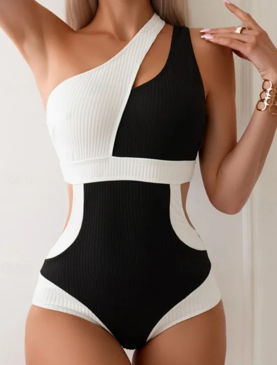Outlet Women's Swimwear One Piece Monokini Swimsuit Backless Tummy Control High Waist Slim Vacation Beach Wear Solid Color Asymmetric Neck Sleeveless Bathing Suits Women One-Pieces