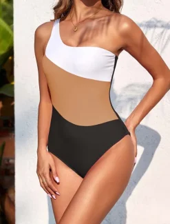 Discount Women's Swimwear One Piece Swimsuit Elegant Fashion Color Block Sleeveless Bathing Suits Women One-Pieces