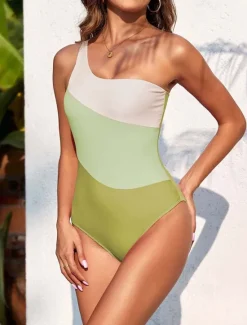 Discount Women's Swimwear One Piece Swimsuit Elegant Fashion Color Block Sleeveless Bathing Suits Women One-Pieces
