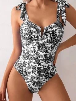 New Women's Swimwear One Piece Monokini Swimsuit Backless Tummy Control High Waist Slim Vacation Beach Wear Floral V Wire Sleeveless Bathing Suits Women One-Pieces